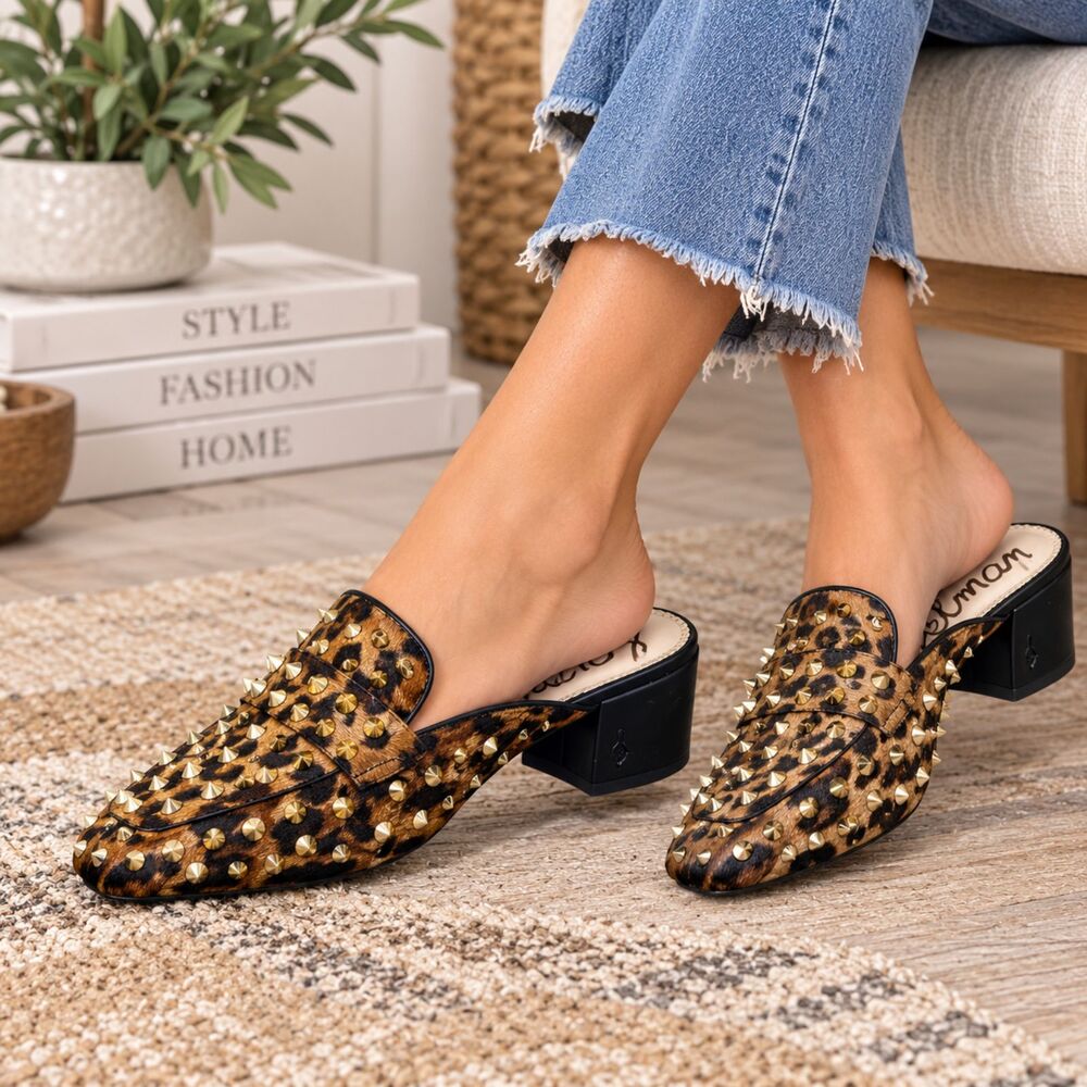 Sam Edelman Augustus Studded Leopard Calf Hair Block Heel Mules Size 5.5 Edgy